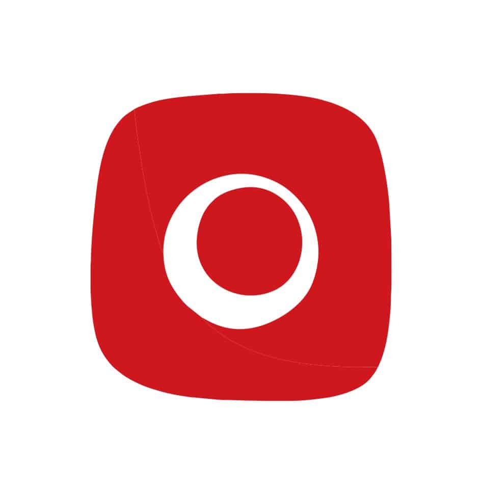 Czerwony kwadrat z zaokrąglonymi rogami, wewnątrz którego znajduje się białe koło.