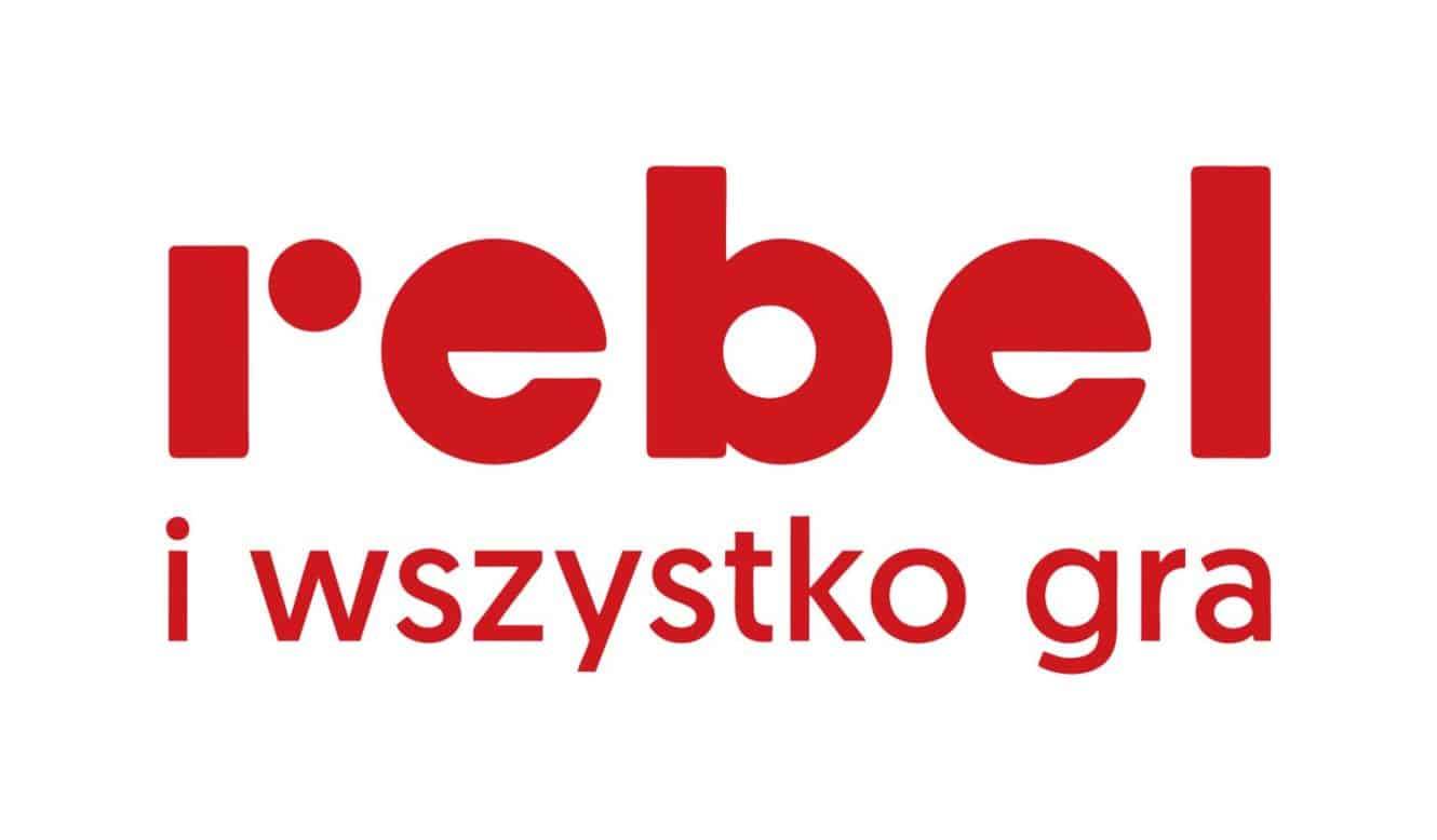 Logo Rebel: czerwony napis "rebel" nad napisem "i wszystko gra".