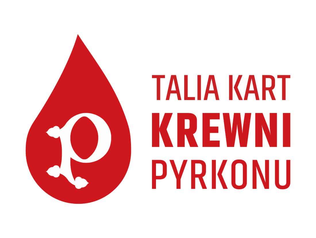 Czerwona kropla krwi z białym znakiem graficznym przypominającym literę "p" oraz napis w kolorze czerwonym: "TALIA KART KREWNI PYRKONU".