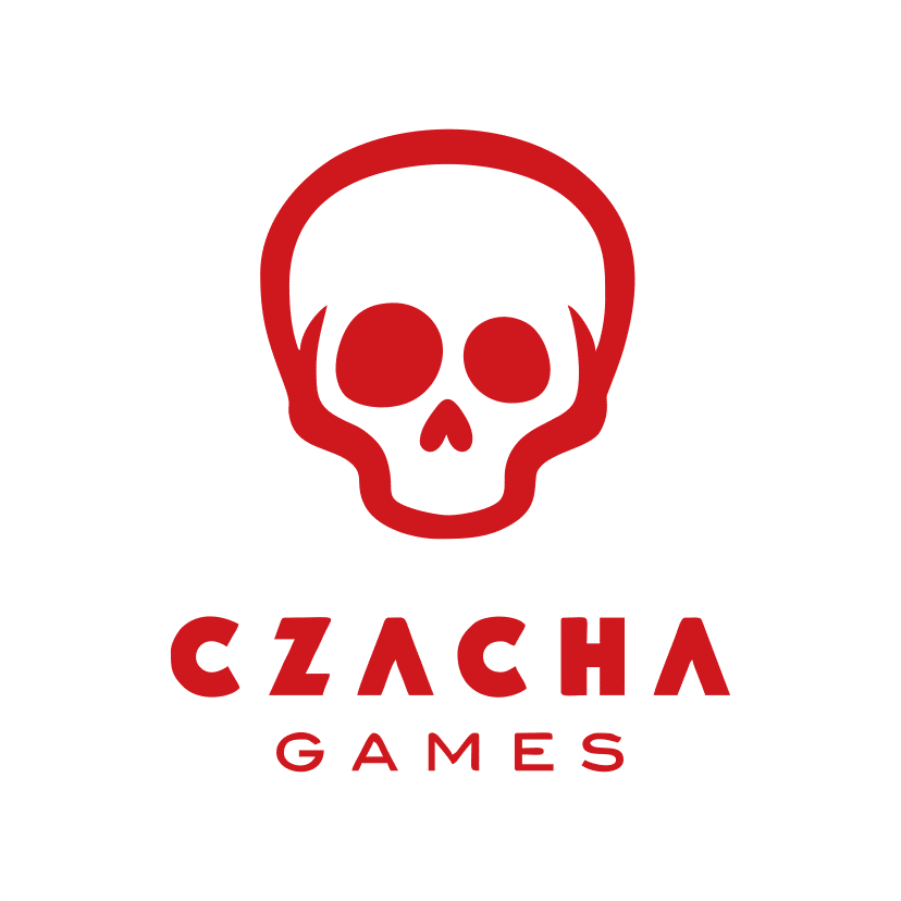 Czerwone logo firmy Czacha Games: stylizowana czaszka nad nazwą.