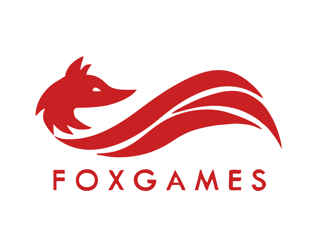 Czerwone logo Foxgames przedstawia stylizowaną głowę lisa, której ogon tworzą trzy łukowate linie. Pod spodem napis "FOXGAMES" w czerwonej, blokowej czcionce.