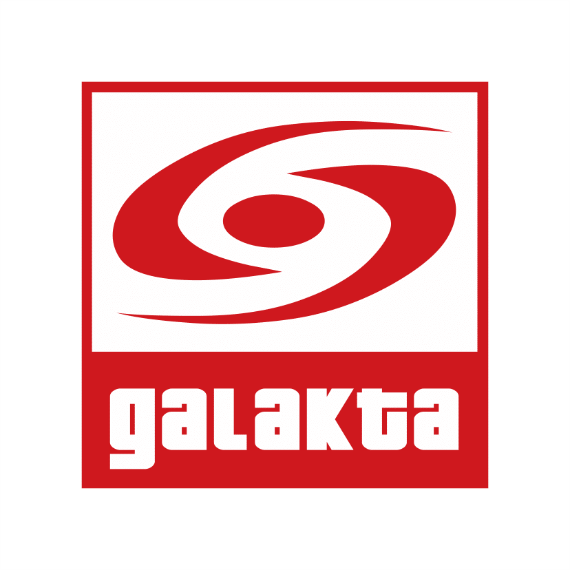 Czerwone logo Galakta: stylizowana litera "G" w okręgu nad nazwą firmy "galakta" pisaną odwróconymi literami, wszystko na białym tle, w czerwonym kwadracie.